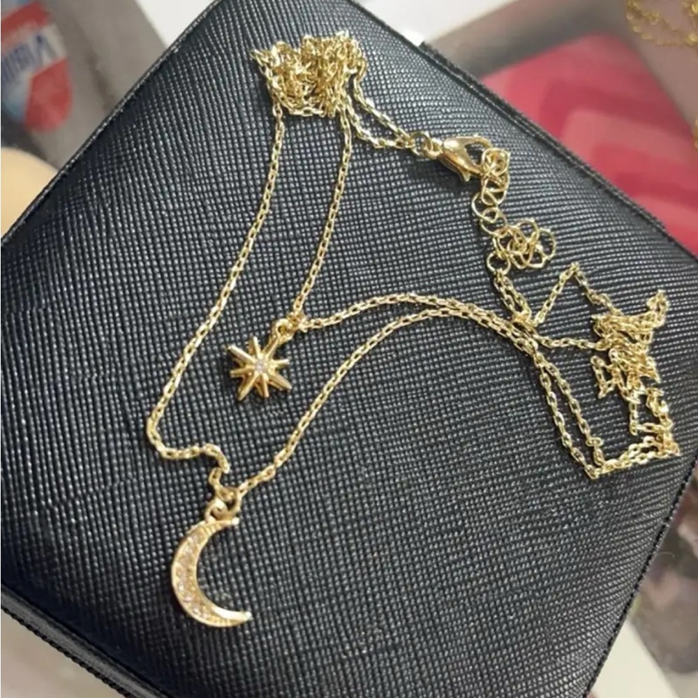 Celestial CZ Moon and Star 18k gold plated layered necklace. New.